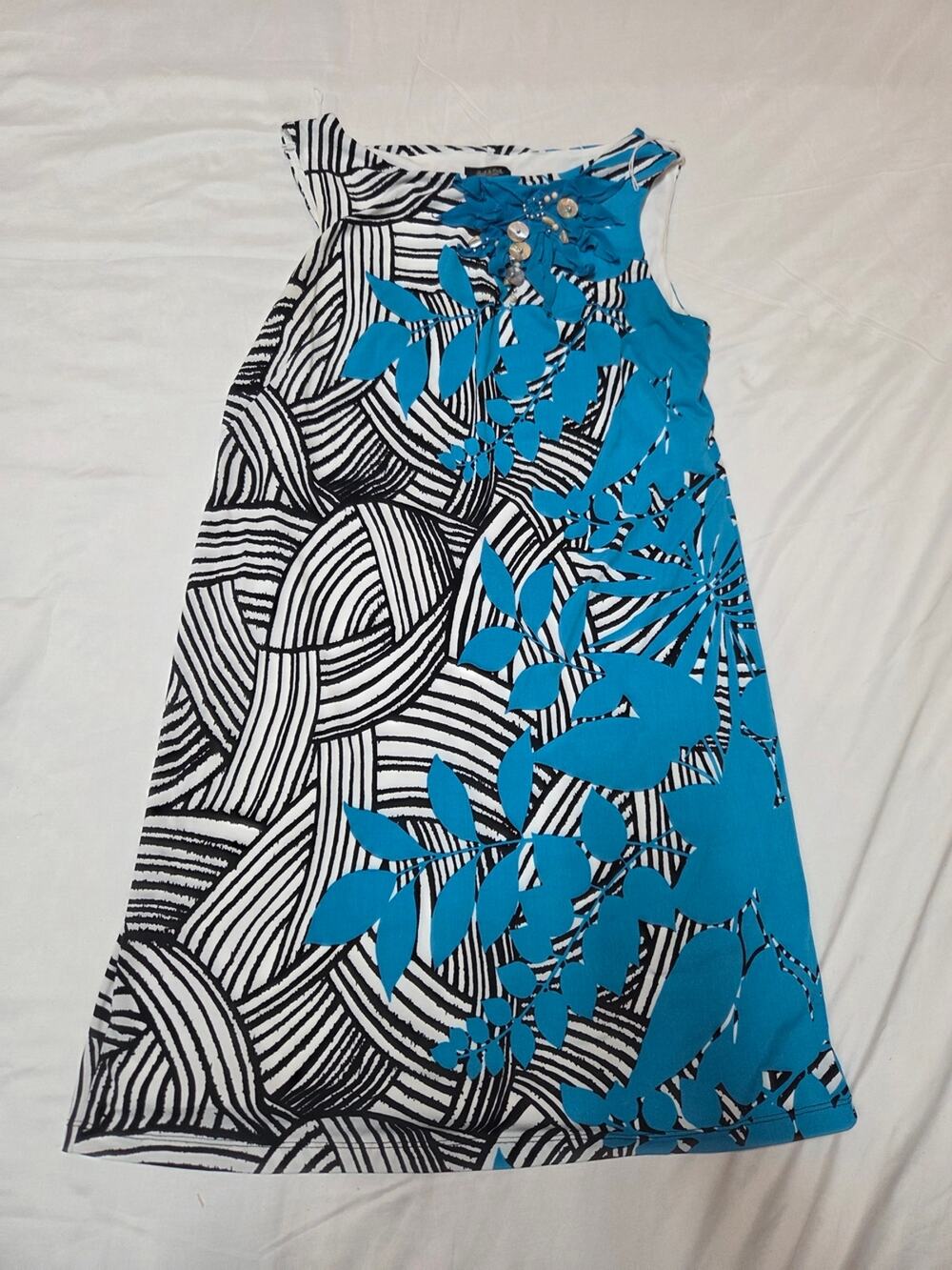 Peek & Peck Black & White Dress with Teal Floral Embellishment